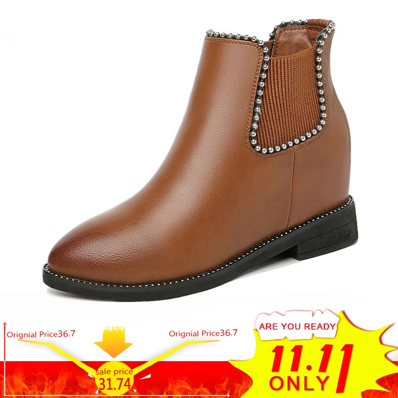 

BIMUDUIYU Chelsea Boots Women Slip On Elastic Band Rubber Ankle Boots Winter Women Shoes Martin Boots Heel Female Footwear