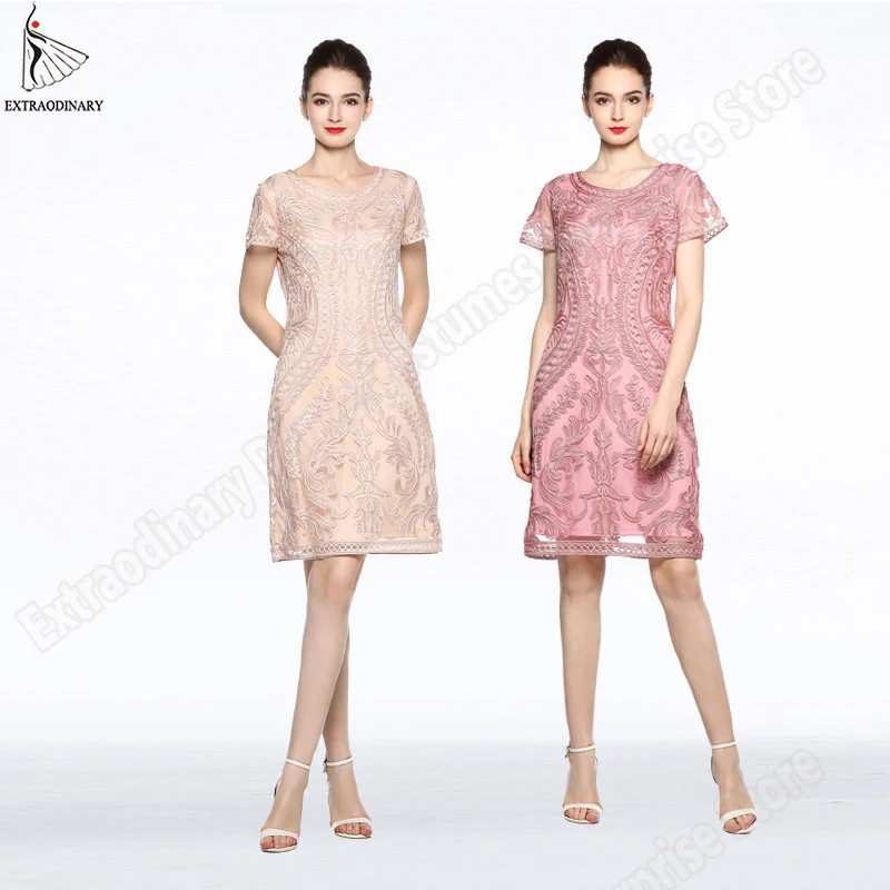 

Floral Embellished Dresses Lace Flapper Great Gatsby Short sleeve Fashion Dinner Women Luxury Style Party Dress Vintage Costumes
