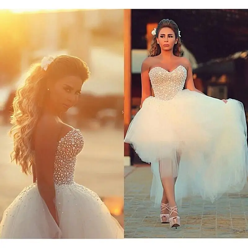

Luxury Beach High Low Wedding Dresses 2020 vestido noiva Beaded Crystal Sweetheart Bridal Gowns Custom Made robe de mariee