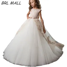 Hot Sale Gold Lace Appliques flower girl dresses ball gown with bow kids evening gown first communion dresses for girls Hot Sale Gold Lace Appliques flower girl dresses ball gown with bow kids evening gown first communion dresses for girls