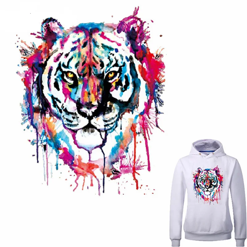 

Colorful Tiger Patches Iron On Transfers Patch For Clothes 27*22cm A-level Washable Ironing Stickers Print On T-shirt Dresses