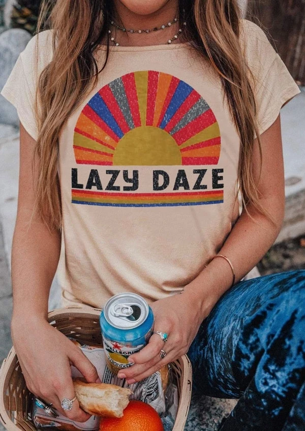 T-Shirt Women 2018 Summer Lazy Daze Short Sleeve t shirt Flesh O-Neck tops tee Funny Female T-Shirt Casual Ladies Tops Tee