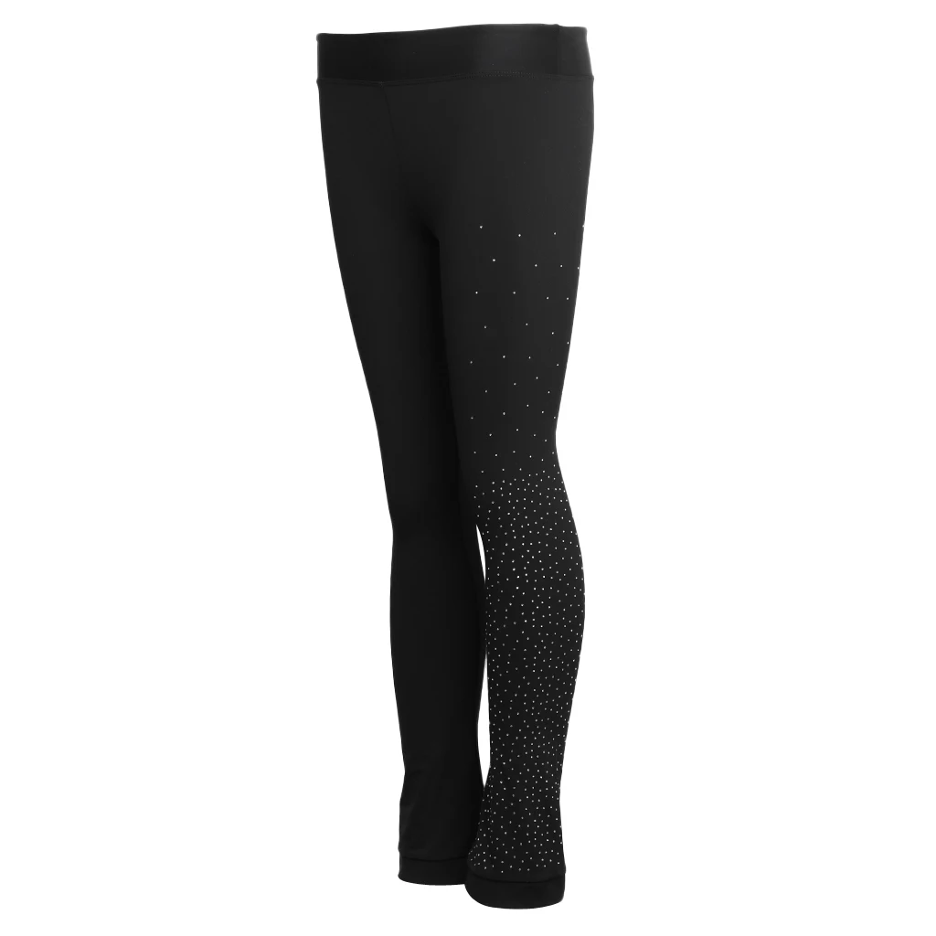 Womens Girls Ice Figure Skating Practice Long Pants Skate Footless Tights Leggings Black with Crystal