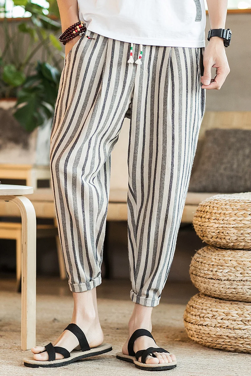Women Casual Loose Coloured Stripes Summer Cropped Pants Cotton Harem Cropped Trousers
