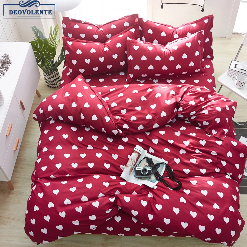 4PCS Beddingset Red Heart Printed Duvet Cover Bed Sheet Pillowcase