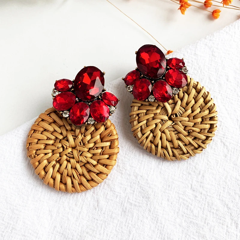 

Vintage Ethnic Red Crystal Geometric Long Drop Earrings For Women Bamboo Wooden Handmade Heart Dangle Earrings Fashion Jewelry