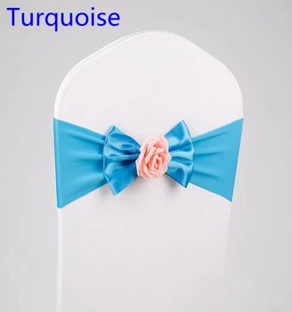 

Turquoise colour chair sash with butterly bow tie rose ball decor chair cover spandex band lycra sash party wedding decoration