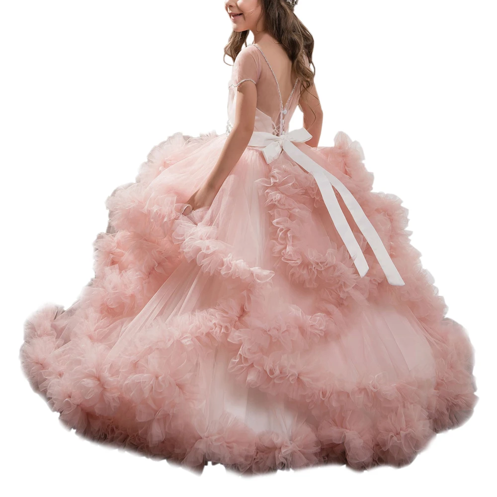 Реальное изображение бальное платье девушки Пышное Платье для девочки Тюль Многоуровневое с бисером створки цветок девушки платья для свадьбы