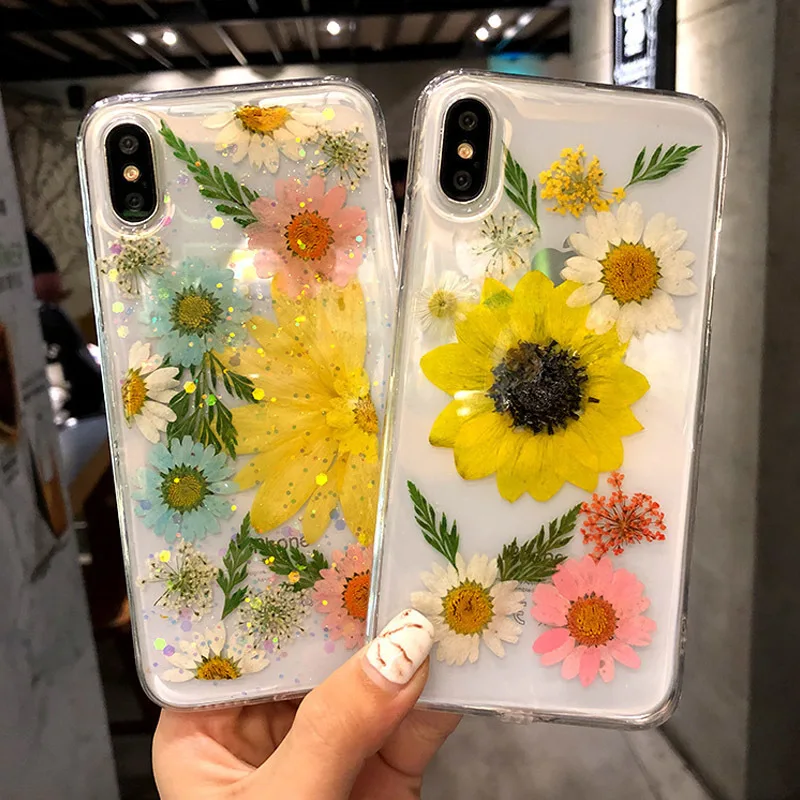 

new Real Gedroogde Bloemen Telefoon Case Voor iPhone XS Max XR 6 6 s 7 8 Plus X Silicon TPU Clear Bloemen Cover Cases Fundas