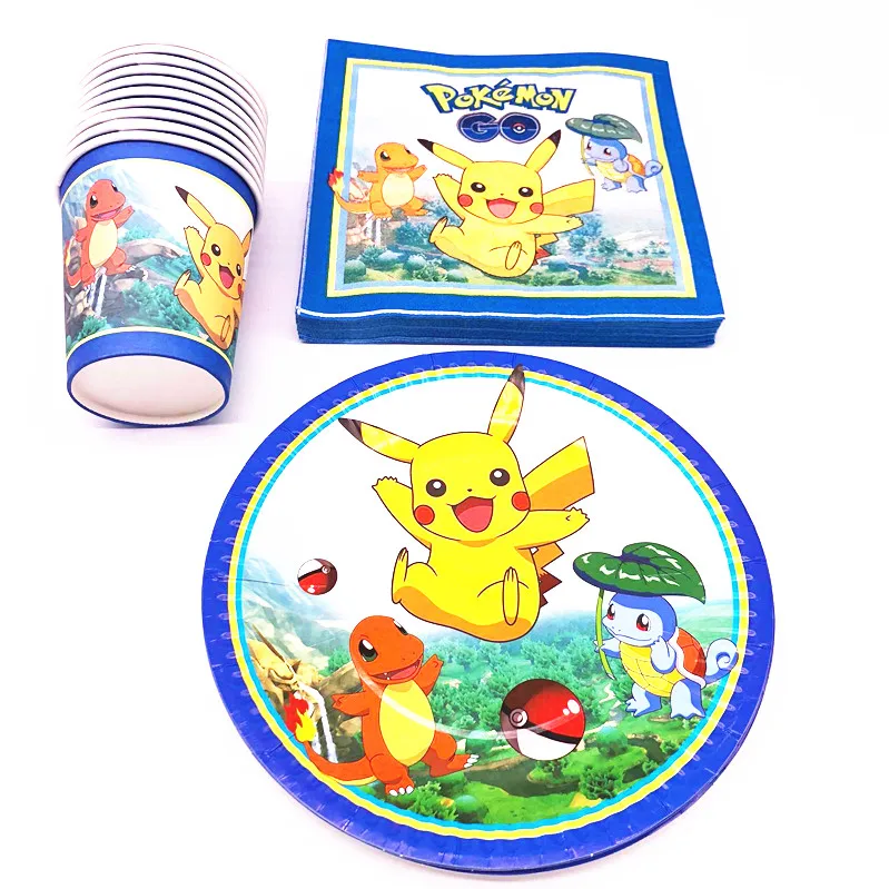 

40pcs/lot Pokemon go Birthday Decoration Trolls Theme Disposable Paper Cups/Napkin + Plates Kids Boys Girls Event Party Supplies