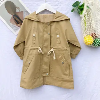 

Fall 2019 New Kids Clothes Girl Casual Jacket Coat with Hooded Pure Color Babies Drawstring Jacket Trench for Boys and Girls