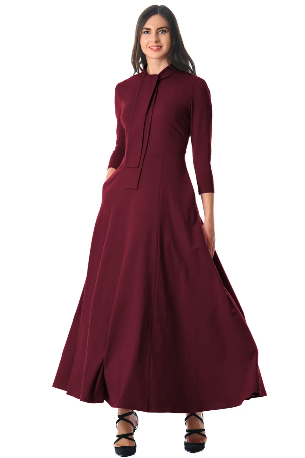 Burgundy-Pocketed-3-4-Sleeves-Tie-Neck-Maxi-Dress-LC610398-3-1