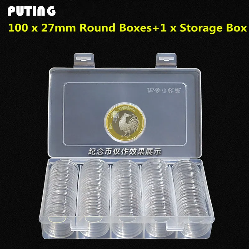 

100pcs/box Coin Box Clear 27mm Round Boxed Coin Holder Plastic Storage Capsules Display Cases Organizer Collectibles GPD8324