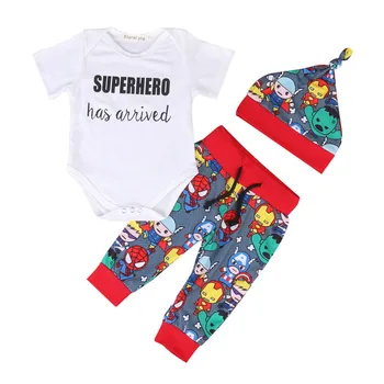 

Hot Newborn Toddler Baby Boy Outfit Superhero Romper T-shirt+ Pants Hat 3pcs Set