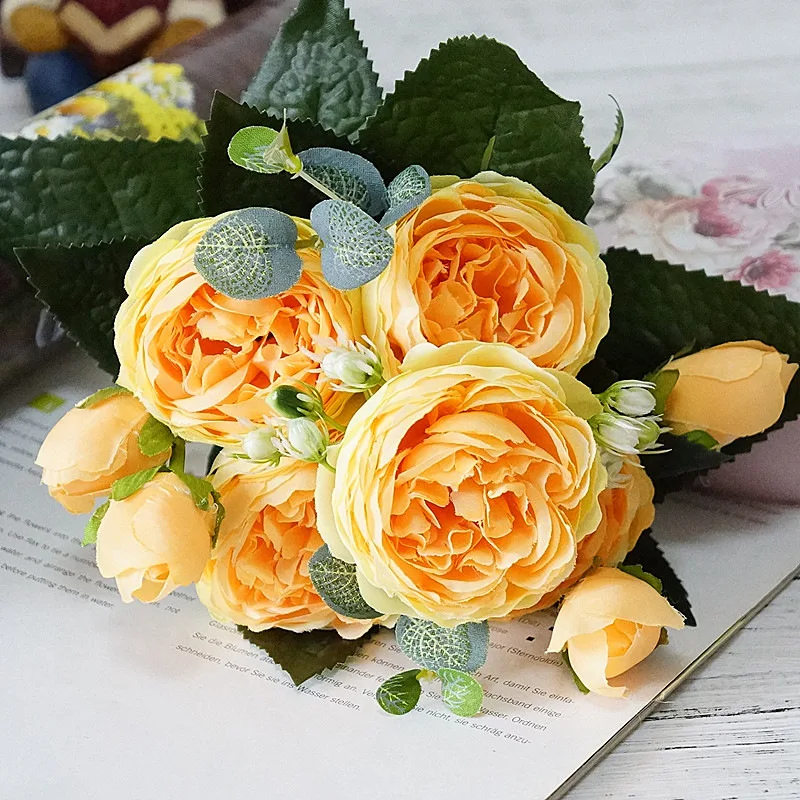Искусственный Пион для свадебного украшения, шелковые цветы, розы, маленький букет для дома, вечерние искусственные цветы - Цвет: Цвет: желтый