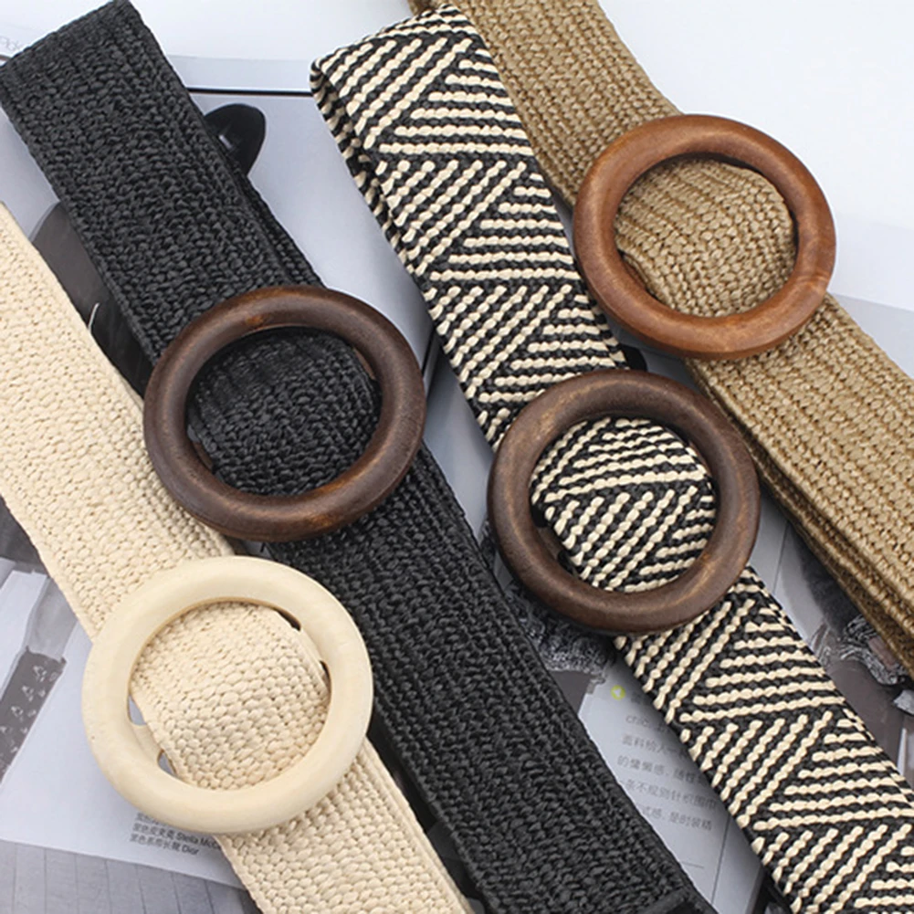 

Summer Solid Female Belt Vintage Boho Braided Waist Belt Round Wooden Smooth Buckle Fake Straw Wide Belts For Women Hot Sale