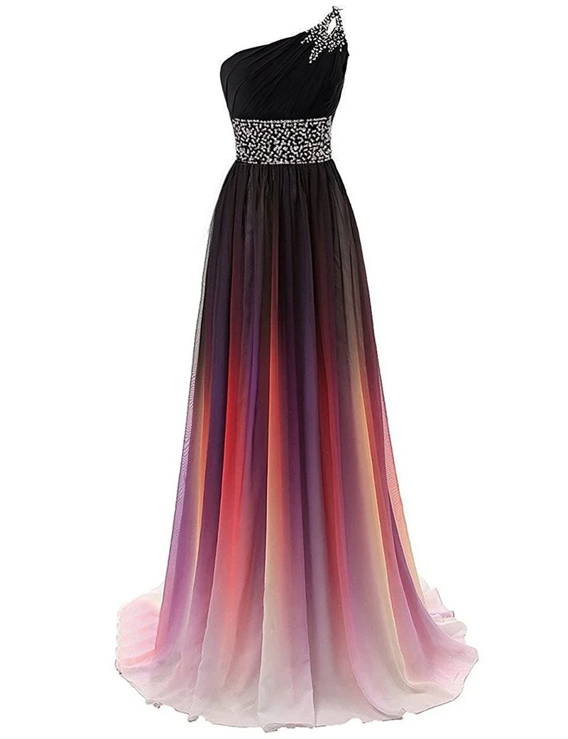 

INS Popular A-Line Evening Dress One Shoulder Sleeveless Chiffon Gradient Dress Lace-up Crsytal Formal Dresses Evening Gown