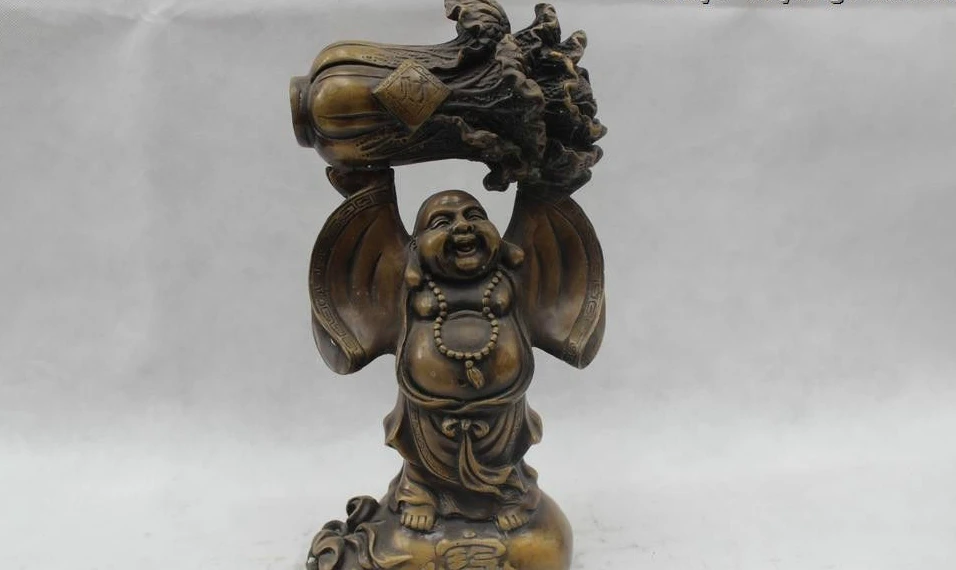

13"Chinese Folk Pure Bronze Lucky excellent Money drawing Miller Buddha Statue