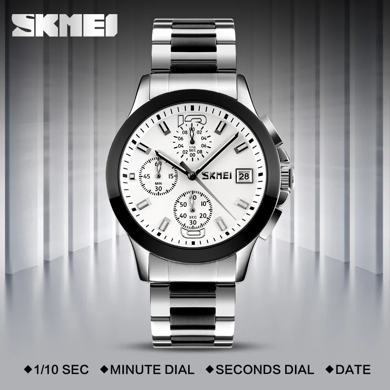 

SKMEI Fashion Quartz-Watch Waterproof Multi Dial Stop Watch Japan Movement Men Wristwatches Steel Band Montre Homme Erkek Saat