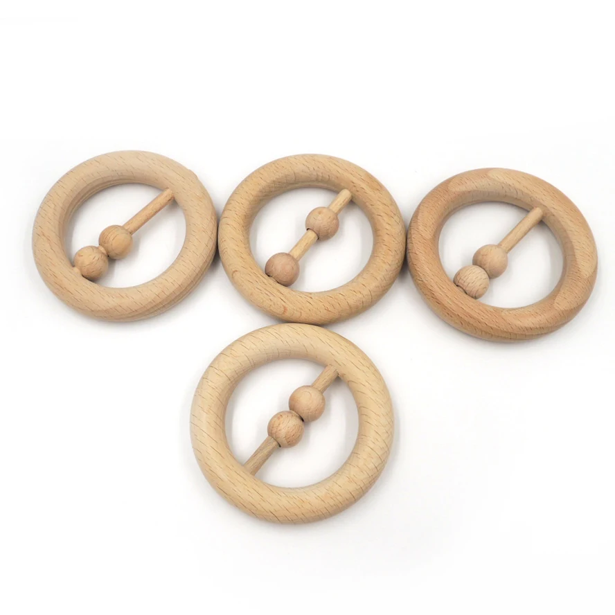 80mm natural customized logo DIY Organic beech Ring teething toy round beech Wooden baby teethers toddler