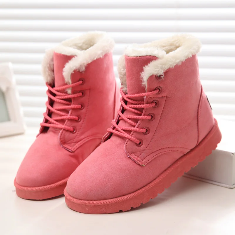 Женские ботинки; теплые плюшевые зимние ботинки; женские ботильоны; обувь на шнуровке; женские зимние ботинки; большие размеры 41, 42, 43 - Цвет: Розовый