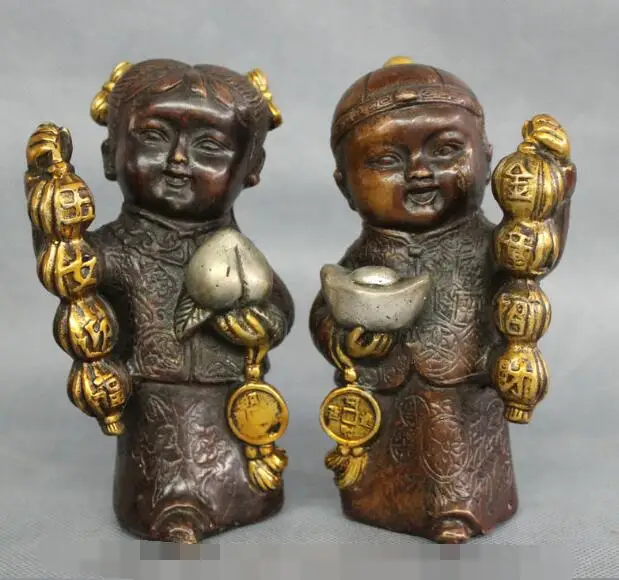

song voge gem S6731 Chinese Bronze Gilt Wealth Kid Child Hold Shou Peach YuanBao Coin Statue Pair