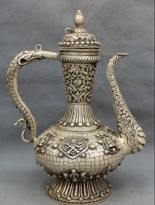 

14" Tibet Silver Buddhism Shakyamuni Buddha Dragon Head Statue Teapot Wine Pot