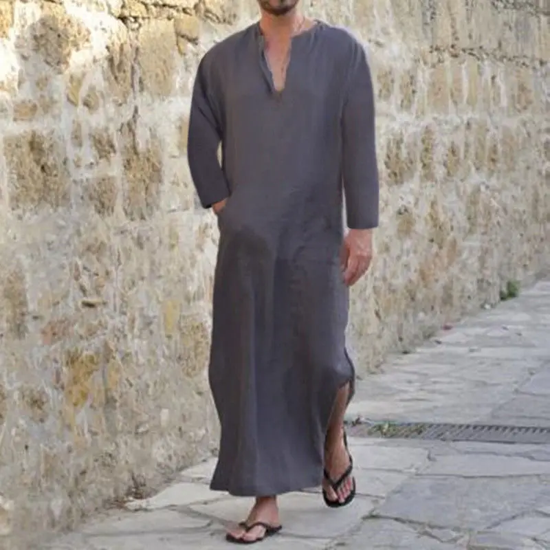 INCERUN, мужские рубашки, платье, длинный рукав, хлопок, v-образный вырез, полная длина, исламский арабский кафтан, Ropa Hombre, мусульманский костюм, халат плюс