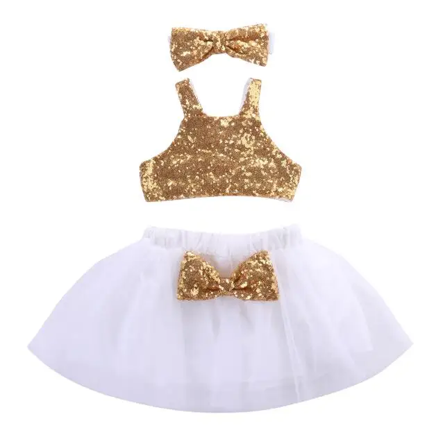 

kid children clothing summer princess infant Toddler Baby Girl Sequins party dance Tops+Tutu Skirts Headband 3pcs Outfits Set