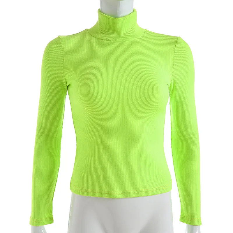 Neon Turtleneck Pullover Sweater Women Autumn Winter Fluorescent Green Long Sleeve Slim Whorl Solid Color Knitting Sweaters