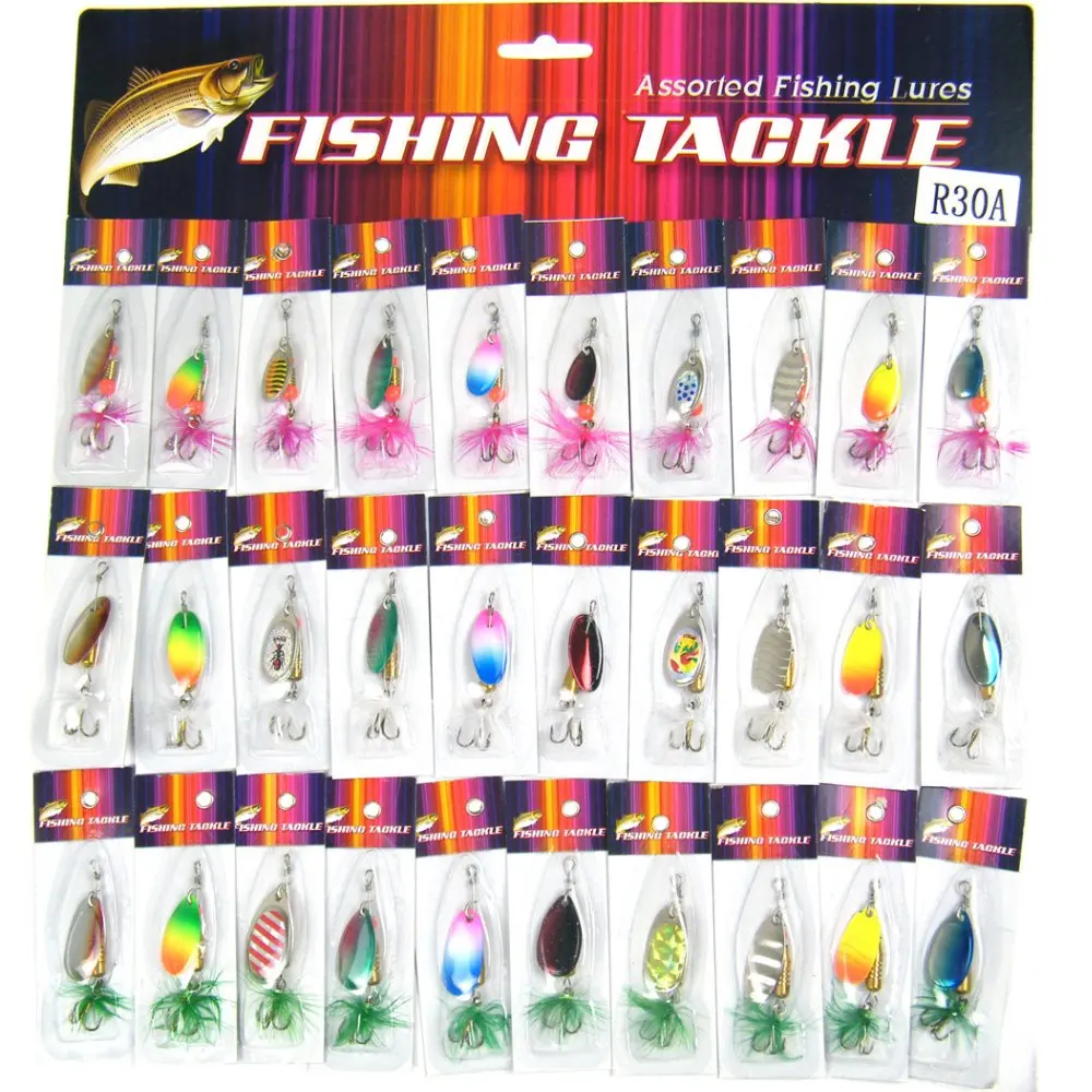 30 piezas/tarjeta surtido de Pesca señuelos Spinner Metal cuchara Pesca Spinners duro cebos con pluma Pesca Crankbaits Wobblers Pesca