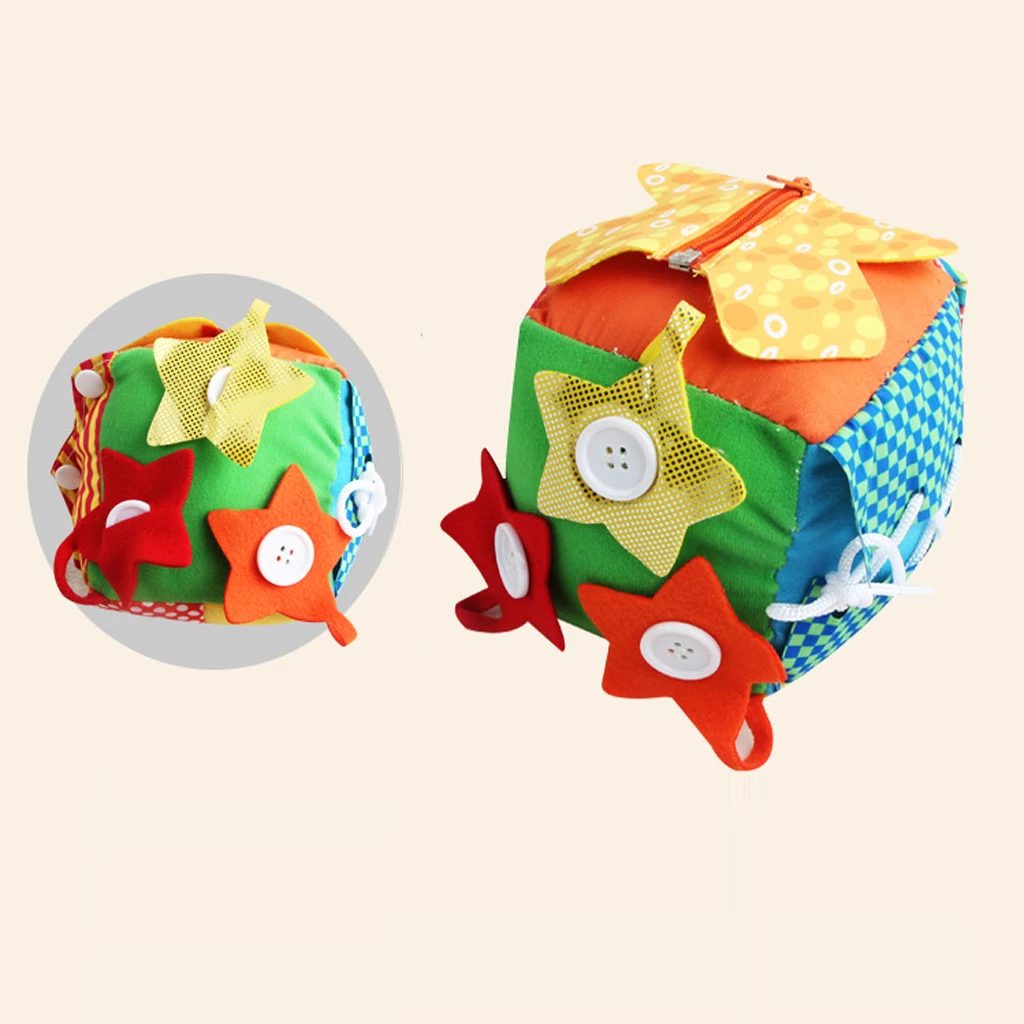 Educational Basic Life Skills Baby Toddler Learn to Dress - 6 in One Crinkle Cloth Cube Toy - Zip Snap Button Tie Puzzle