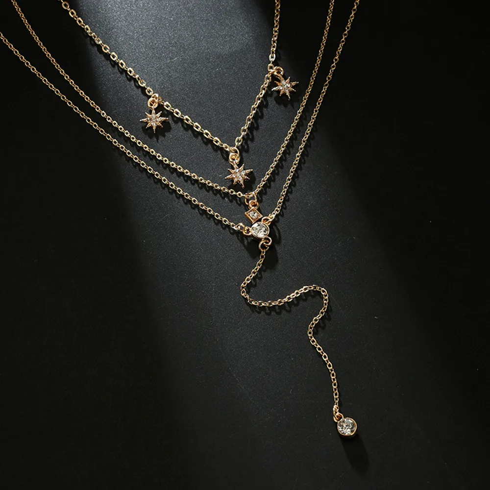 Womens Crystal Multi Layer Choker Collar Pendant Chain Necklace Fashion Jewelry