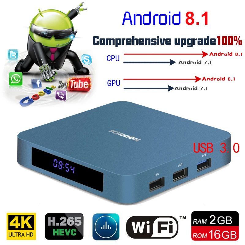 

Android 8.1 TV Box 2GB 16GB WiFi Set Top Box Bluetooth 4.0 Rockchip 3328 Media Player 4K Smart TV Set Top Box With Voice Control