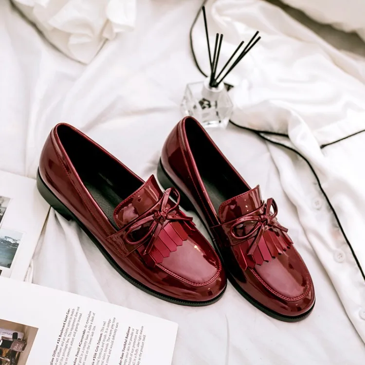 Tassel Bowknot Design Loafers Women Retro Round Toe Shoes Patent Leather Slip-on Women Oxford Causal Ladies Flats Working Shoes (15)