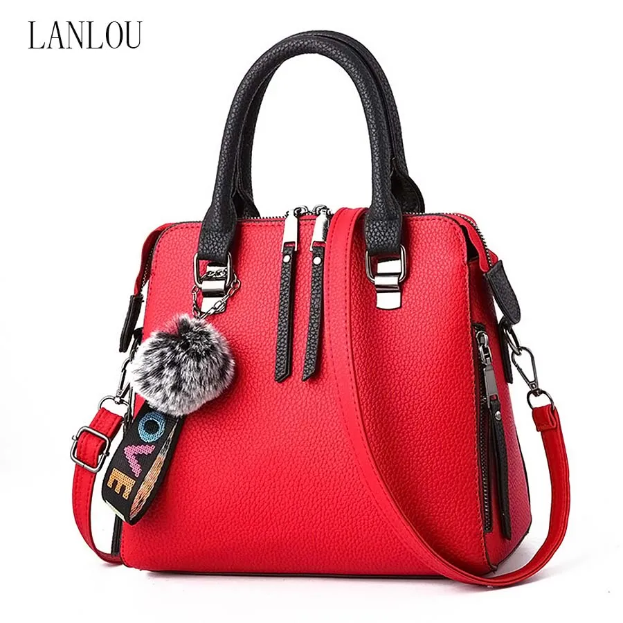 

LANLOU Women bags PU Leather Shoulder Bag Fur Ball Crossbody Flap Bags Female Messenger Bag Solid Color Handbags
