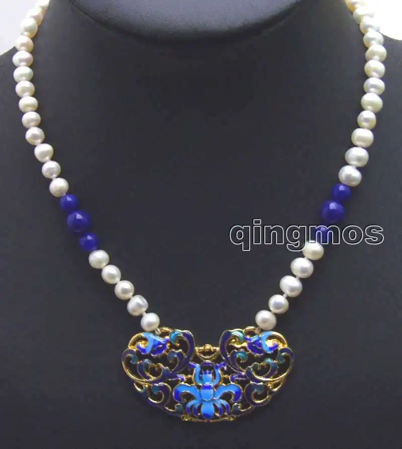 

6-7mm white Round Natural pearl 30*55mm blue China lock Pendant 17" necklace-nec5889 wholesale/retail Free ship