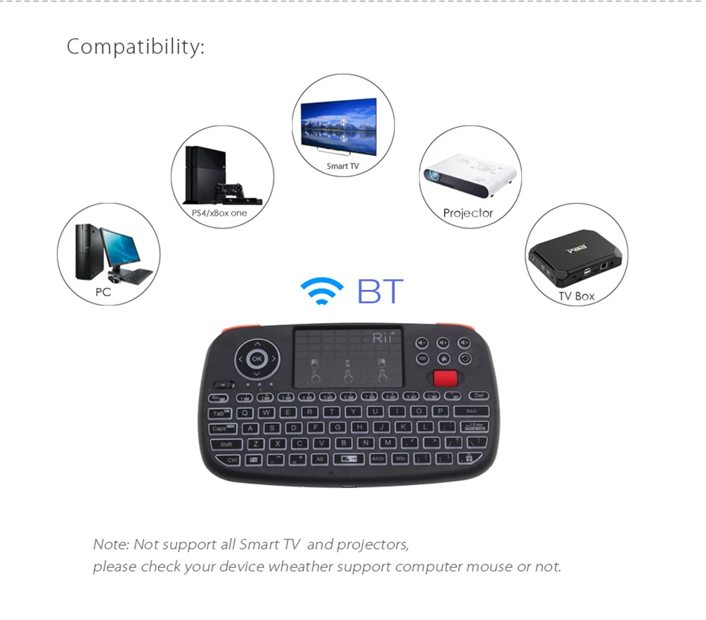 Rii RT726 Bluetooth 2,4 ГГц двойной режим Мини Беспроводная клавиатура Air mouse с тачпадом для iPad Pro iPhone XS ТВ коробка мини клавиатура