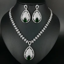 NEW Luxury fashion big water drop green zircon necklace earrings sets bride wedding formal dress banquet jewelry free shippi