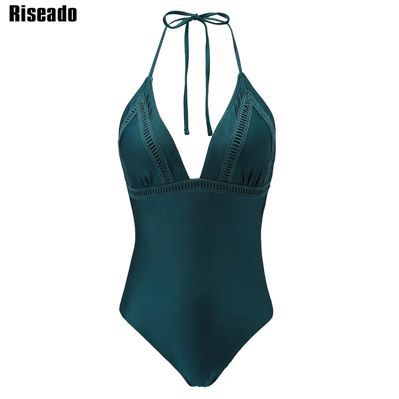 

Riseado New 2019 Deep V One Piece Swimsuit Sexy Swimwear Women Cut Out Swimsuits Solid Halter Beachwear Bathing Suits