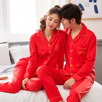 

New Autumn 100%Cotton Long Sleeve Couple Pajamas Set Turn-down Collar Cardigan Soft Plus Size M-XXXL Lovers Homewear Clothing