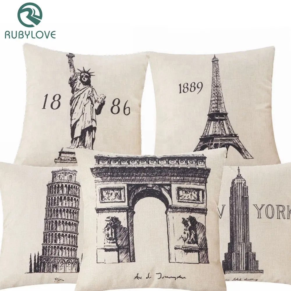 Best Retro Style Landmark Building Pattern Pillow Case Cotton Linen Cushion Cover Car Office Sofa Throw Pillowcase Vintage Home Decor