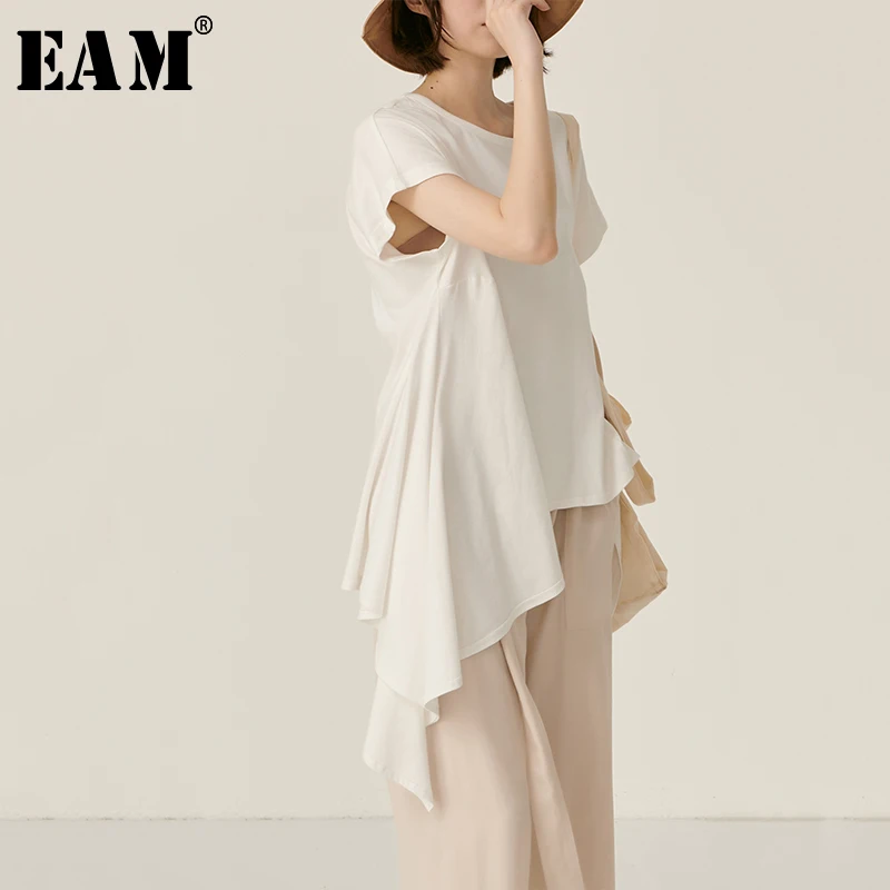 

[EAM] 2019 New Summer Round Neck Short Sleeve White Loose Big Size Brief Asymmetric T-shirt Women Fashion Tide All-match JY443