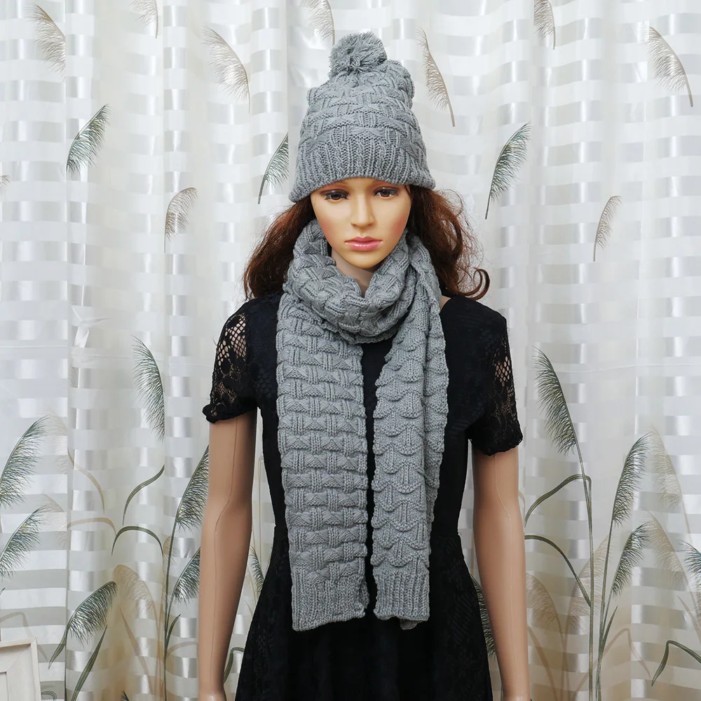 1Set Women Scarf And Hat Set Fashion Warm Woolen Knit Hood Winter Scarf And Cap Hats For Women