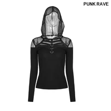 Готический панк с капюшоном D пряжка тонкая облегающая версия с длинным рукавом Футболка Новая мода черная женская футболка Панк рейв WT-495TCF