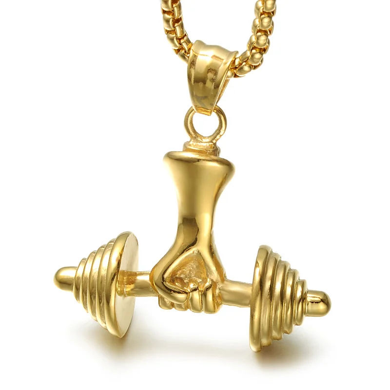 Gold Titanium Stainless Steel Dumbbell Barbell Pendant Necklace Men
