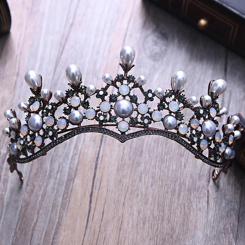 

Baroque Vintage Crystal Pearl Bridal Tiaras Hairband Headpiece Black Rhinestone Princess Pageant Crown Wedding Hair Accessories