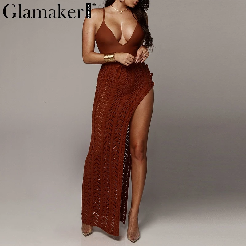 Glamaker عالية الجانبية سبليت فستان من الدانتيل يصل أسود تنورة المرأة مثير عالية الخصر bodycon الصيف كيرت الأزياء الأنيقة تنورة قيعان