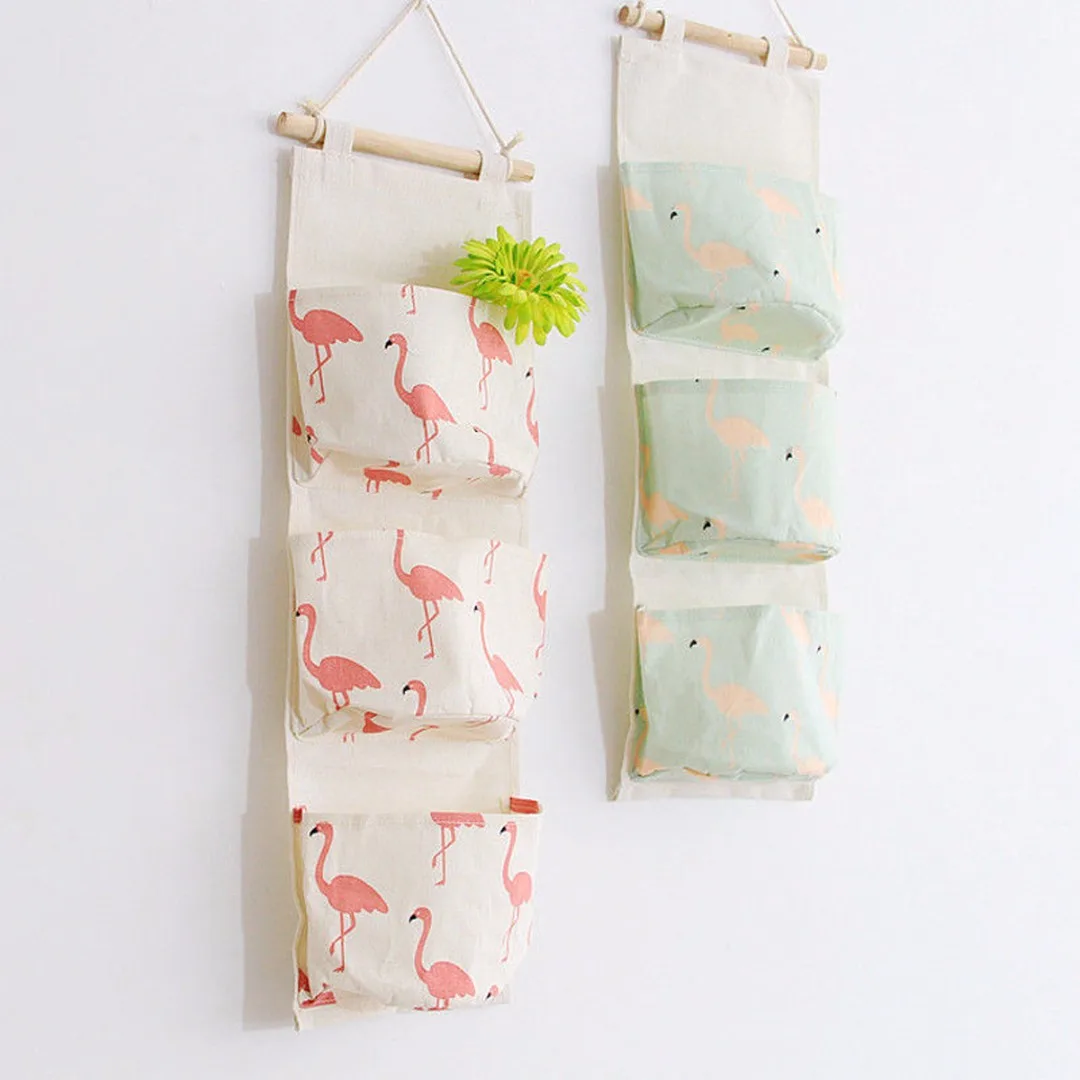 JX-LCLYL Linen 3 Layer Flamingo Storage Bag Wardrobe Hanging Bag Wall Toys Pouch Organize