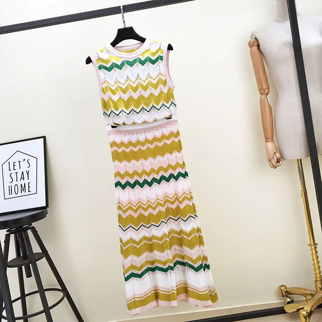 Special Offers 2018 New Summer Autumn Women's Dress Set Color Wavy Stripes Slim Knit + Hollow Out Long Skirts Two-piece Suit Students Knitwear Special Offers 2018 New Summer Autumn Women's Dress Set Color Wavy Stripes Slim Knit + Hollow Out Long Skirts Two-piece Suit Students Knitwear